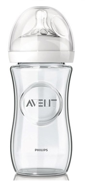 Avent Natural Стъклено шишe x240 мл и биберон с 2 дупки 1+ месеца