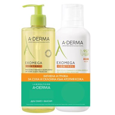 Комплект A-Derma Exomega Control Емолиентен балсам против разчесване х400 мл + Душ олио х500 мл