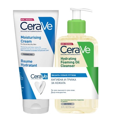 Комплект CeraVe Хидратиращо измиващо олио за суха кожа х236 мл + Хидратиращ крем за суха кожа х177 мл
