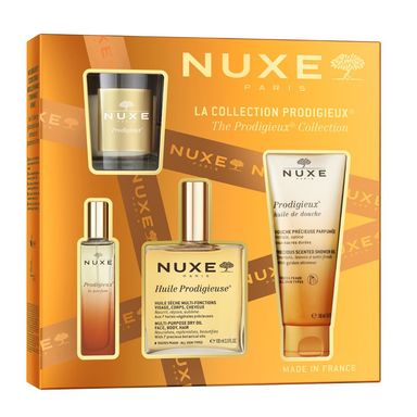 Комплект Nuxe Prodigieuse Мултифункционално сухо масло х100 мл + Душ олио х100 мл + Парфюм х15 мл + Свещ х60 г