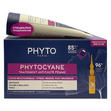 Комплект Phyto Phytocyane Терапия против реактивен косопад при жени х12 ампули + Шампоан против косопад за жени х100 мл